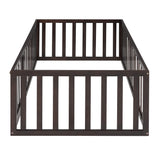 Twin Size Wood Floor Bed Frame with Fence and Door Walnut(OLD SKU :WF289661AAL)