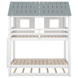 House Bunk Bed with Trundle,Roof and Windows White
