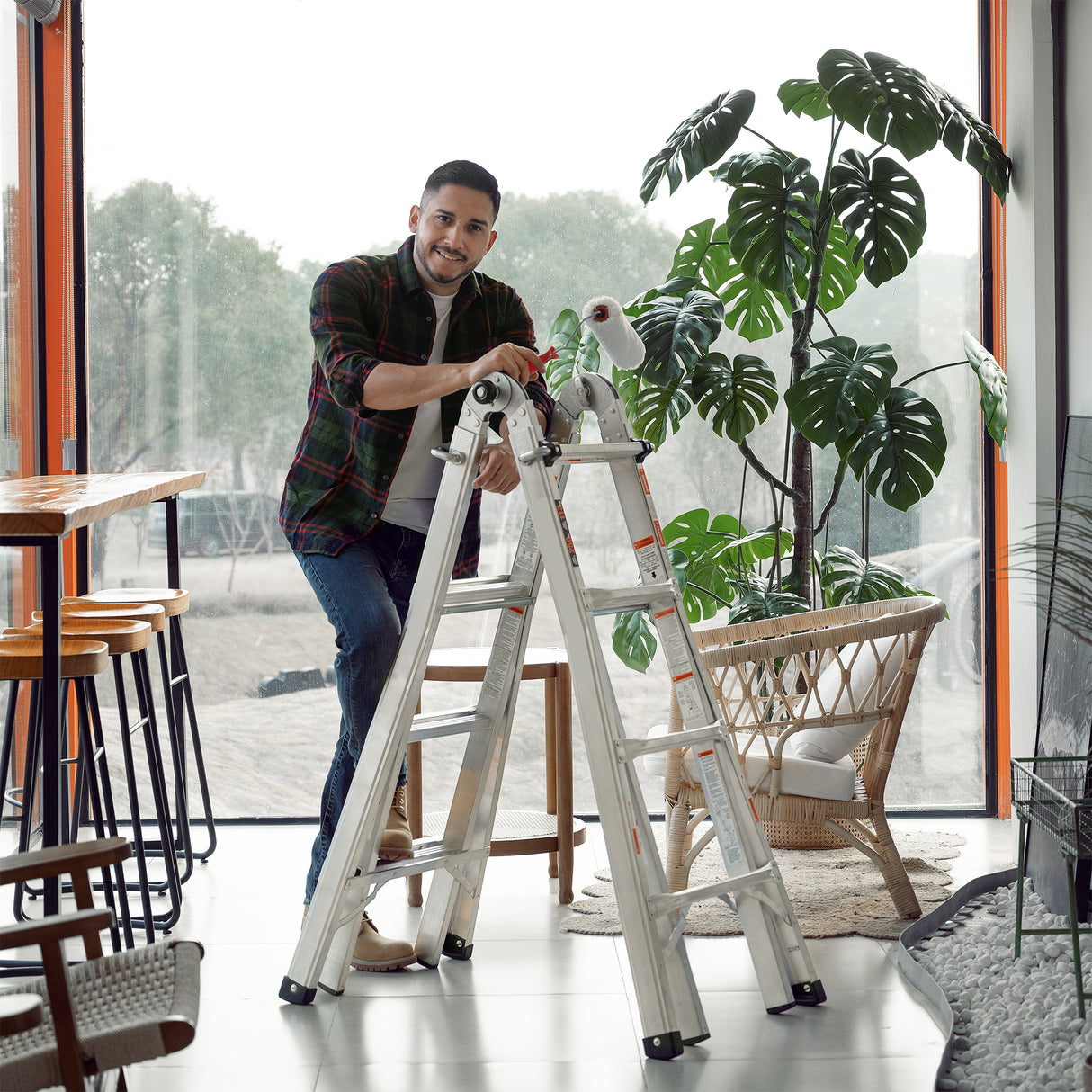 17ft Multi-Position Foldable Aluminum Ladder, A-Frame and Straight Ladder, ANSI 250lbs - V.I.P Digital Presence