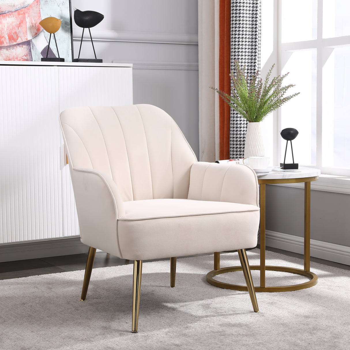 Modern Mid Century Chair velvet Sherpa Armchair for Living Room Bedroom Office Easy Assemble(BEIGE) - V.I.P Digital Presence