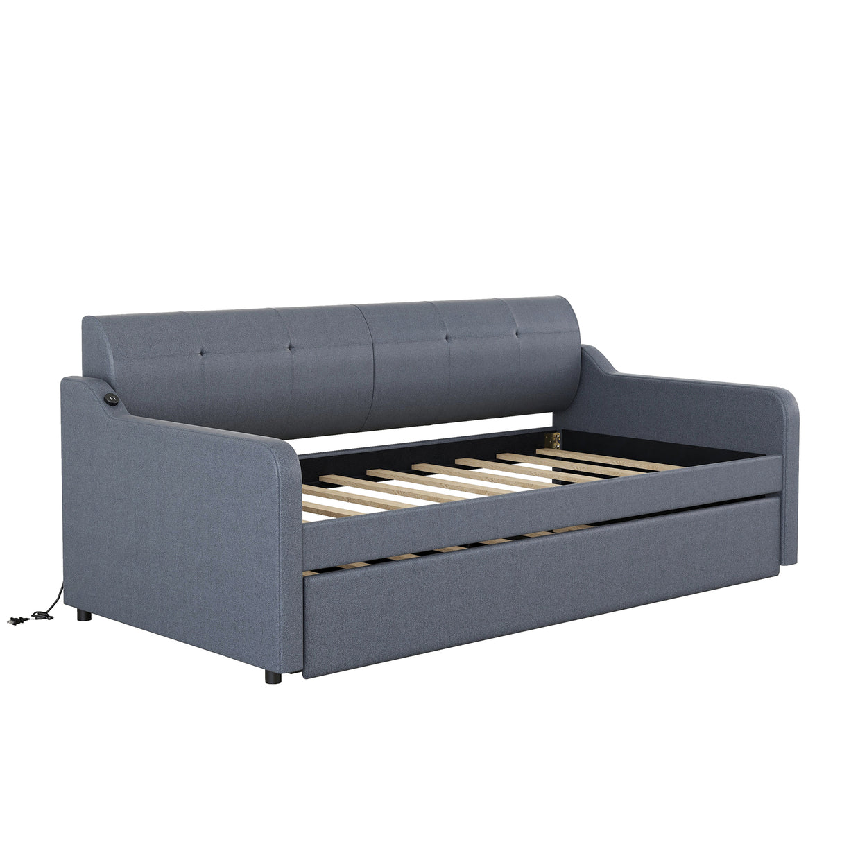 Twin Size Upholstery DayBed with Trundle and USB Charging Design Trundle can be flat or erected Gray - V.I.P Digital Presence