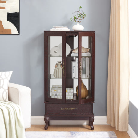 Curio cabinet lighting glass cabinet with adjustable glass frame, 2 doors and 1 drawer with light bulb, dark cherry color - V.I.P Digital Presence