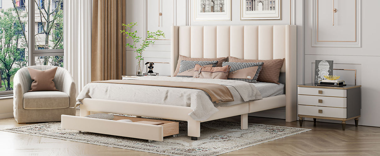 Queen Size Storage Bed Velvet Upholstered Platform Bed with a Big Drawer - Beige - V.I.P Digital Presence