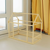 Twin Size Floor Wooden Bed with House Roof Frame and Safety Guardrails,Natural - V.I.P Digital Presence