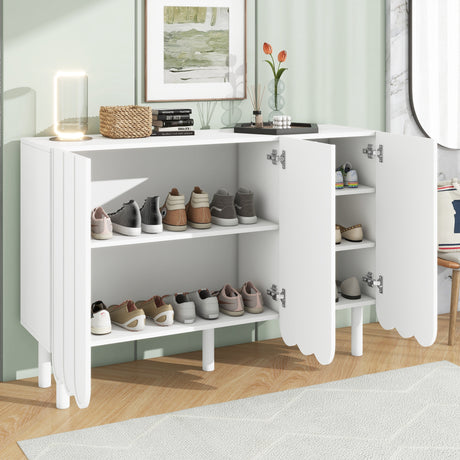 ON-TRANS Cream Style Shoe Cabinet with 5 Adjustable Solid Wood Legs, Large Storage Cabinet with Wave Doors, White - V.I.P Digital Presence
