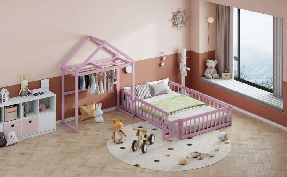 Wooden Full Size Children's Bed with Detachable Headboard and Integrated Clothes Drying Rack, Pink - V.I.P Digital Presence