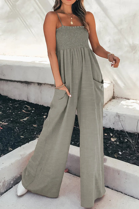 Smocked Spaghetti Strap Wide Leg Jumpsuit - V.I.P Digital Presence