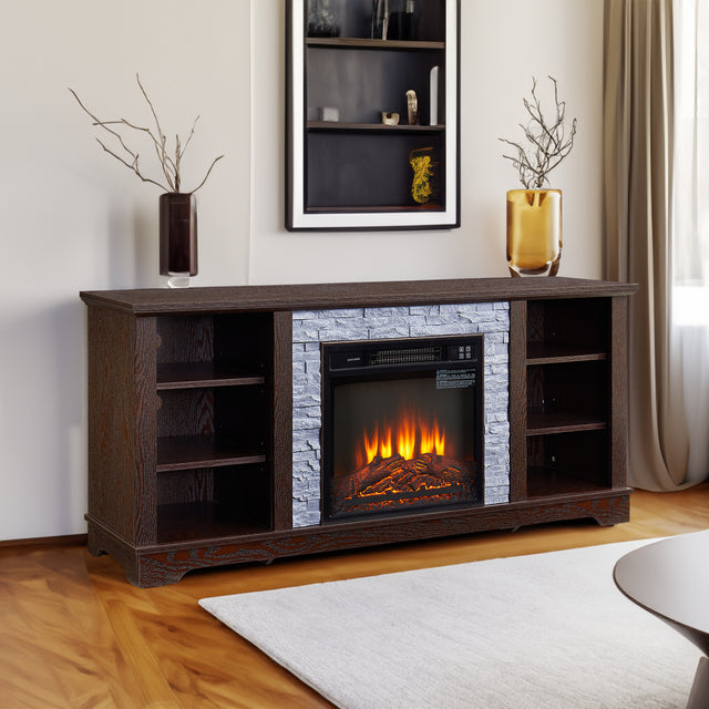 18 inch cherry colored fireplace with open entertainment console space, 58.31 inches wide, 15.39 inches deep, and 26.06 inches h - V.I.P Digital Presence