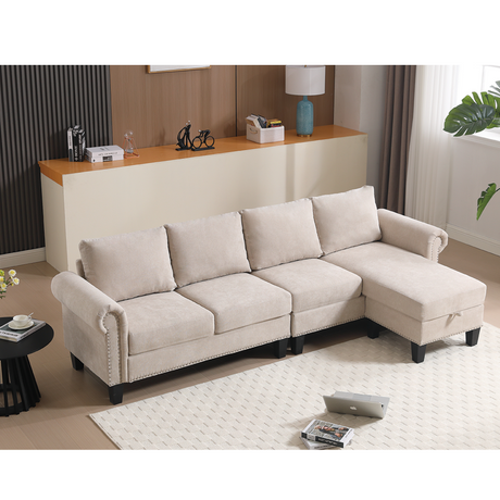 Convertible Sectional Sofa with Storage,L-shaped sofa,Four-seater sofa,Modern Linen Fabric Sectional Couches Beige - V.I.P Digital Presence