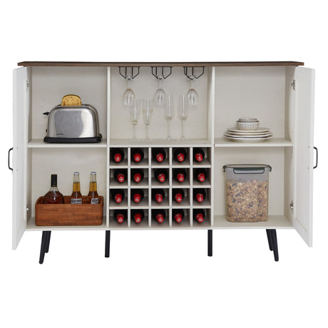 White Faux Rattan Barn Door Wine Cabinet with Wine Rack and Wine Glass Rack, Double Door Design with Removable Shelves - V.I.P Digital Presence
