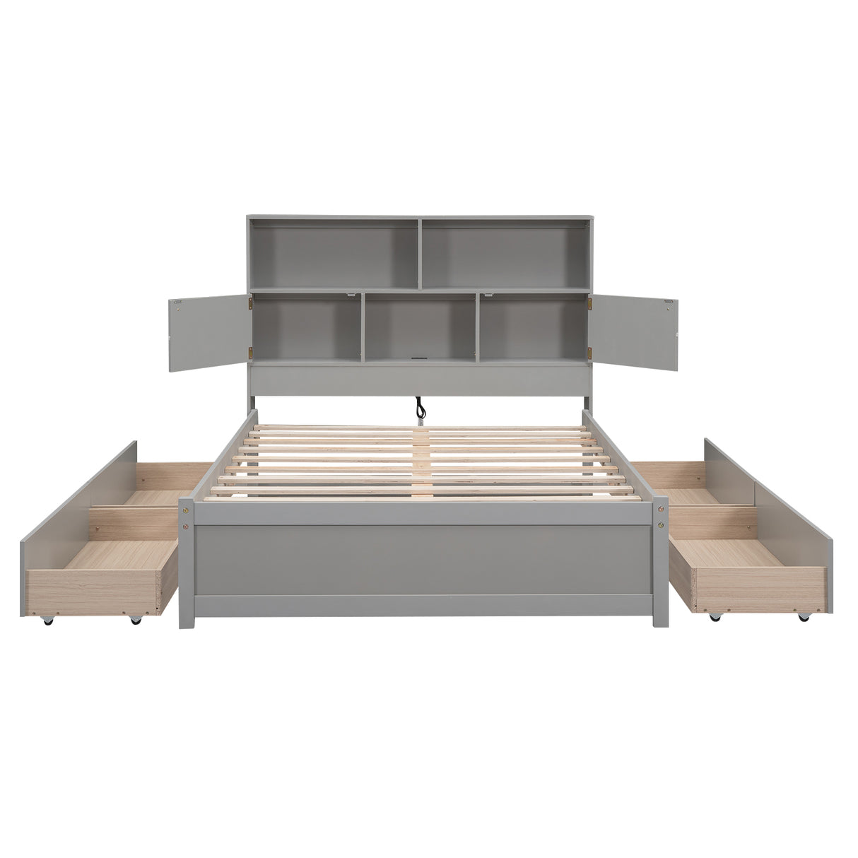 Full Size Platform Bed with Storage Headboard, Charging Station and 4 Drawers, Gray - V.I.P Digital Presence