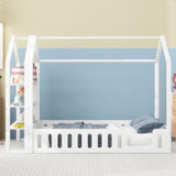 Full Size Wood House Bed with Fence and Detachable Storage Shelves, White