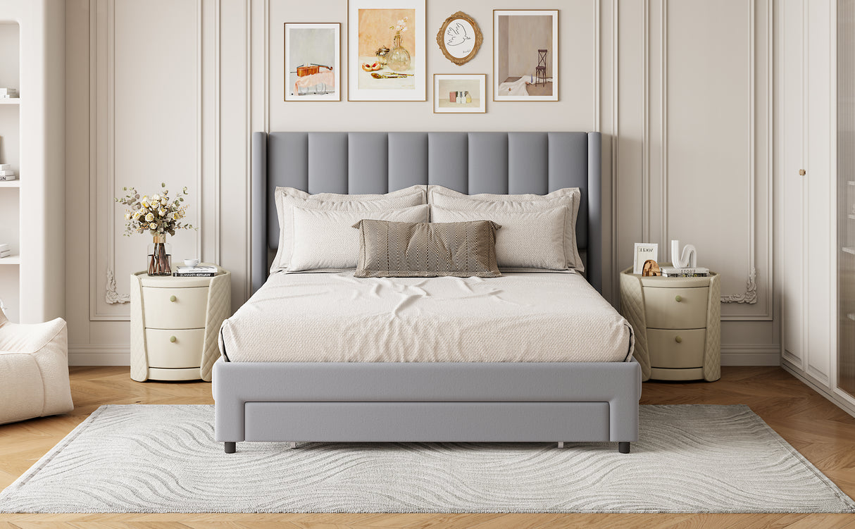 Full Size Storage Bed Velvet Upholstered Platform Bed with a Big Drawer - Gray - V.I.P Digital Presence