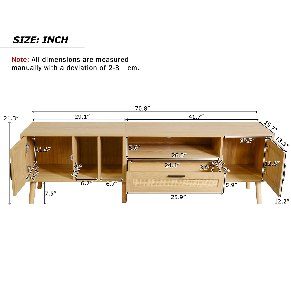 Vine TV stand with 2 cabinets and 2 open shelves, suitable for TVs under 80 inches, with solid wood legs for TV cabinets - V.I.P Digital Presence
