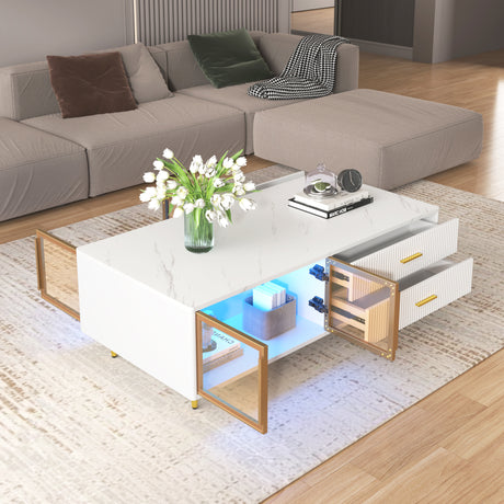 Modern White Coffee Table with 2 Glass Door Storage, 4 Drawers, Gold Metal Legs, and Multi-Color Lighting in 47.2' - V.I.P Digital Presence