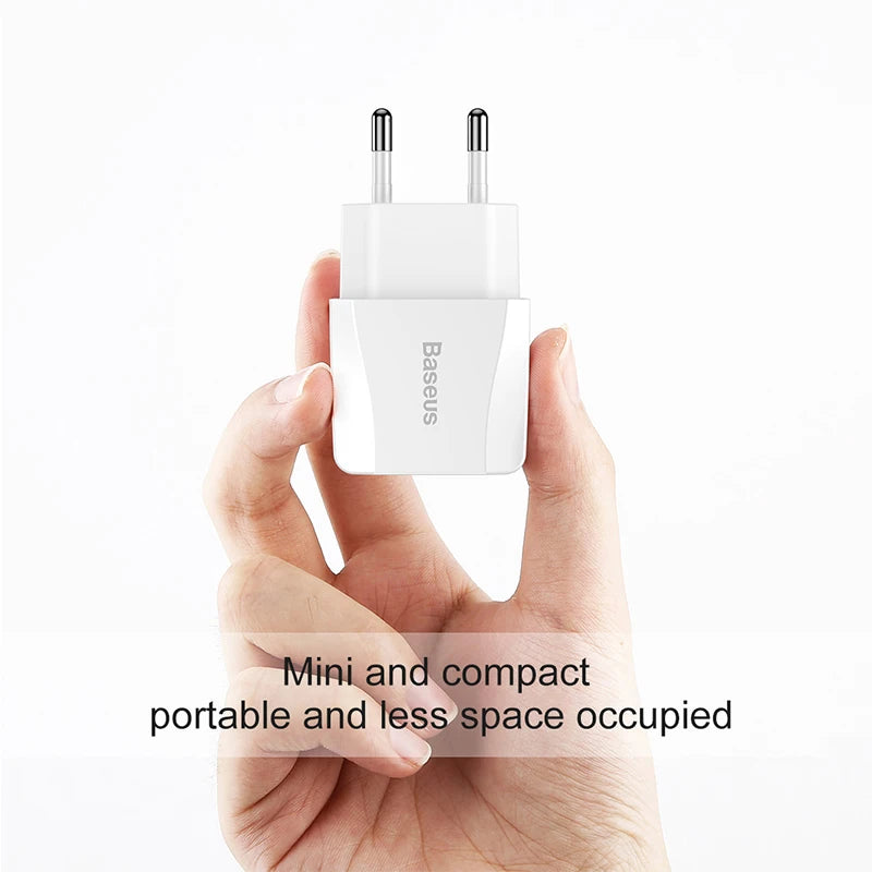 Cargador USB dual Baseus de 5 V y 2,1 A para teléfono, carga rápida, portátil, enchufe europeo, adaptador de viaje, cargador de pared. 