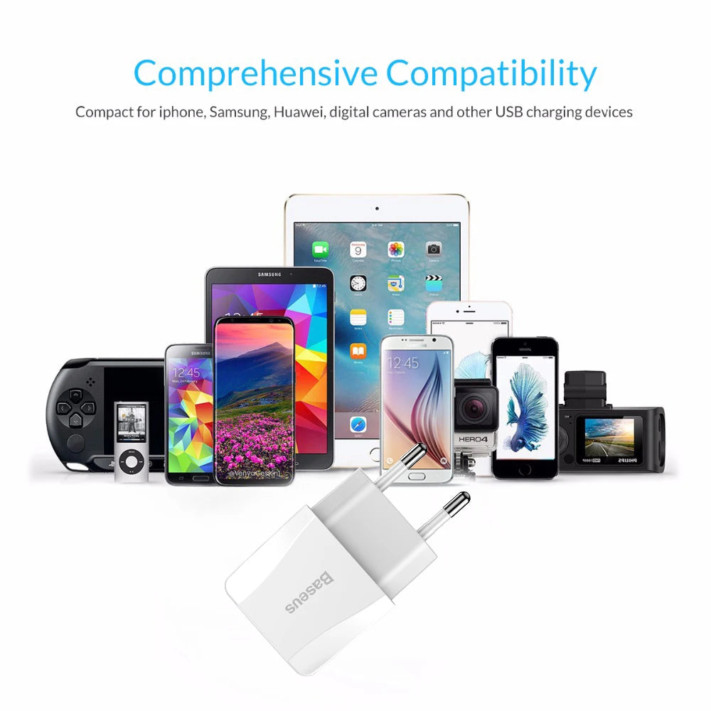 Cargador USB dual Baseus de 5 V y 2,1 A para teléfono, carga rápida, portátil, enchufe europeo, adaptador de viaje, cargador de pared. 