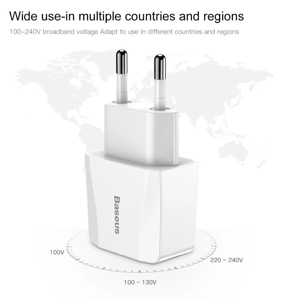 Cargador USB dual Baseus de 5 V y 2,1 A para teléfono, carga rápida, portátil, enchufe europeo, adaptador de viaje, cargador de pared. 