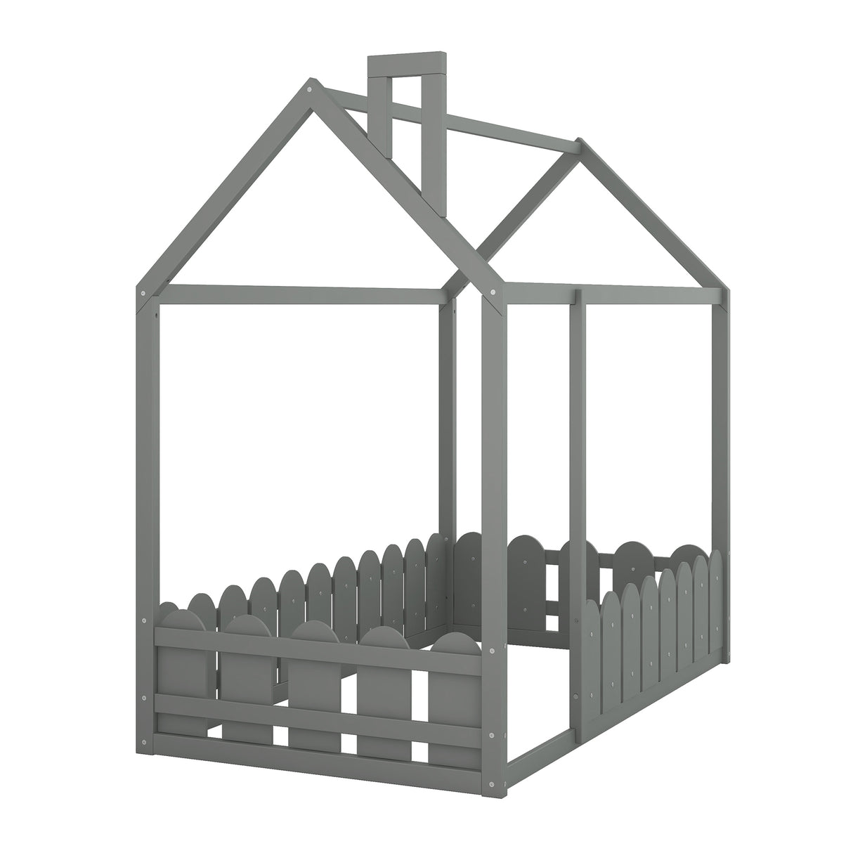 {Slats are not included}Twin Size Wood Bed House Bed Frame with Fence for Kids Teens Girls Boys {Gray}