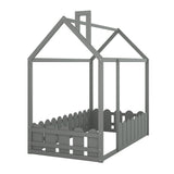{Slats are not included}Twin Size Wood Bed House Bed Frame with Fence for Kids Teens Girls Boys {Gray}