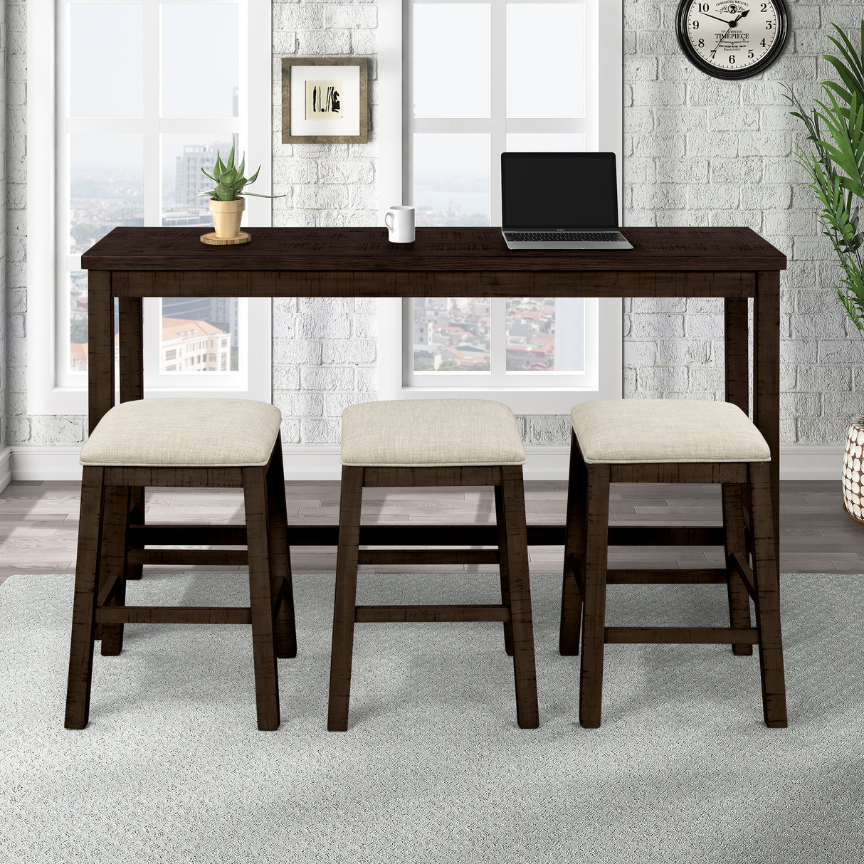 TOPMAX 4 Pieces Counter Height Table with Fabric Padded Stools, Rustic Bar Dining Set with Socket, Brown - V.I.P Digital Presence