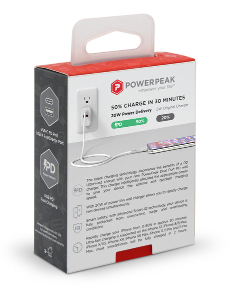 PowerPeak PD Wall Dual Port Charger 20W - White - V.I.P Digital Presence