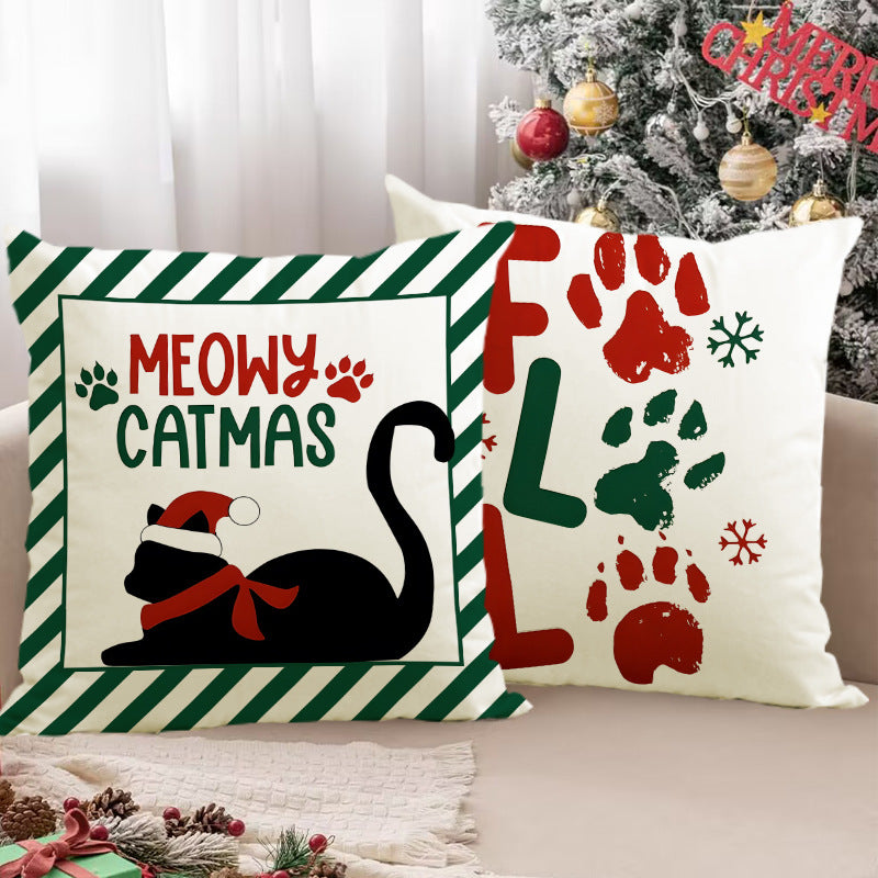 Christmas striped pillow cover linen black cat print pillowcase home holiday decoration cushion cover - V.I.P Digital Presence