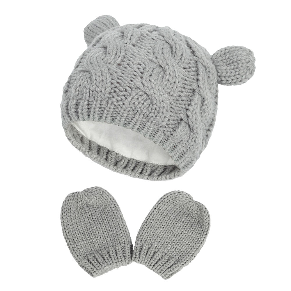 New Baby Kids Girls Boys Winter Warm Knit Hat Ear Solid Warm Cute Glove 2pcs Lovely Beanie Cap 0-18M - V.I.P Digital Presence