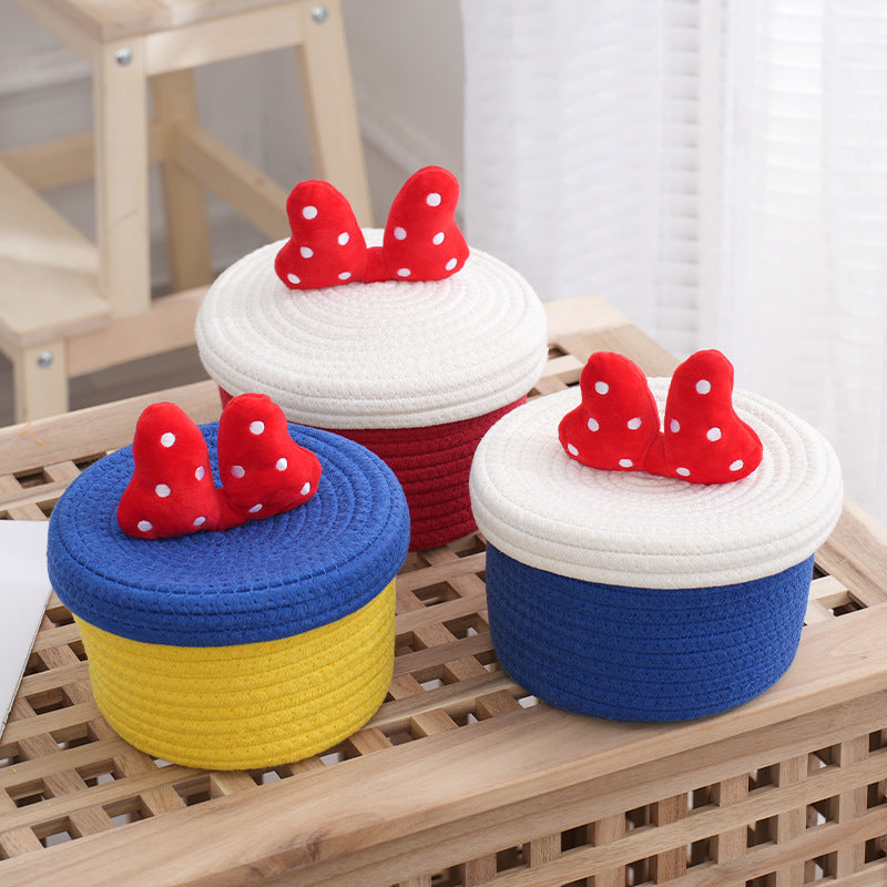 Cartoon cute home desktop sundries storage basket bedroom ornaments cotton rope storage basket with lid - V.I.P Digital Presence