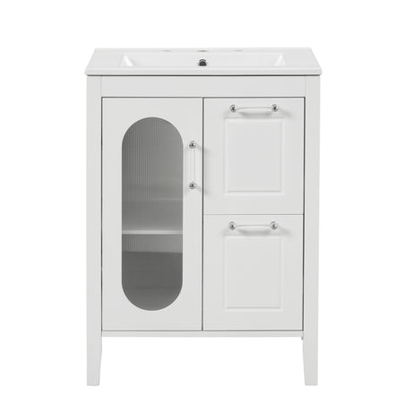 24" Bathroom Vanity with Sink, Bathroom Vanity Cabinet with Two Drawers and Door, Adjustable Shelf, Solid Wood and MDF, White - V.I.P Digital Presence