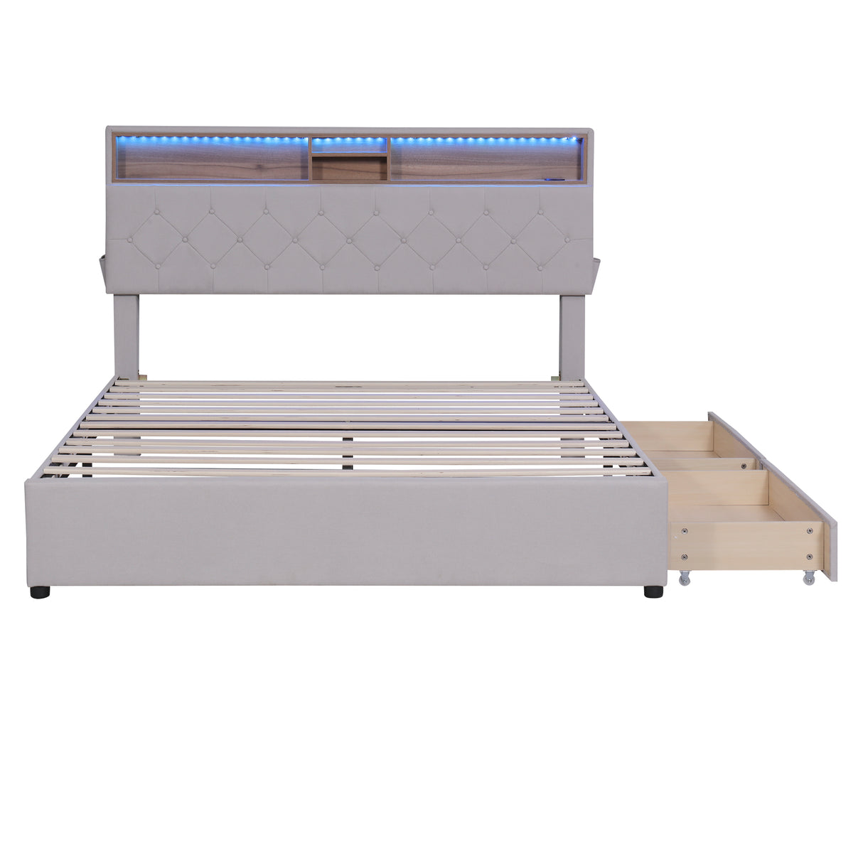 Queen Size Upholstered Platform Bed with Storage Headboard  LED  USB Charging and 2 Drawers  Beige