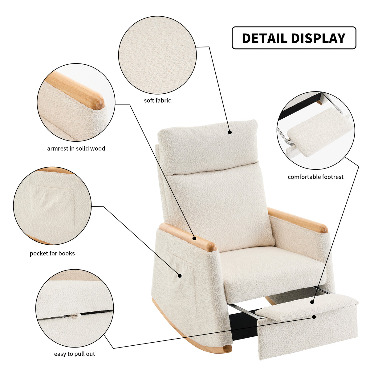 Accent Rocking Chair with Footrest High Back Rubber Wood Rocking Legs Bedroom Living Space 38.6D X 26.8W X 40.6H Inch - V.I.P Digital Presence