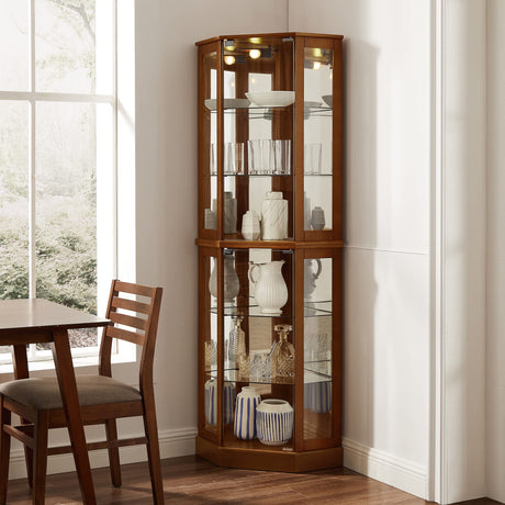 6 shelves corner Curio display cabinet with light mirror and adjustable shelves, walnut wood (excluding E26 light bulbs) - V.I.P Digital Presence