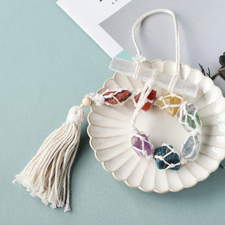 Natural Crystal Seven Color Gemstone Gypsum Rod DIY Wearing Mesh Bag Hanging Decoration Yellow Purple Crystal Car Hanging - V.I.P Digital Presence