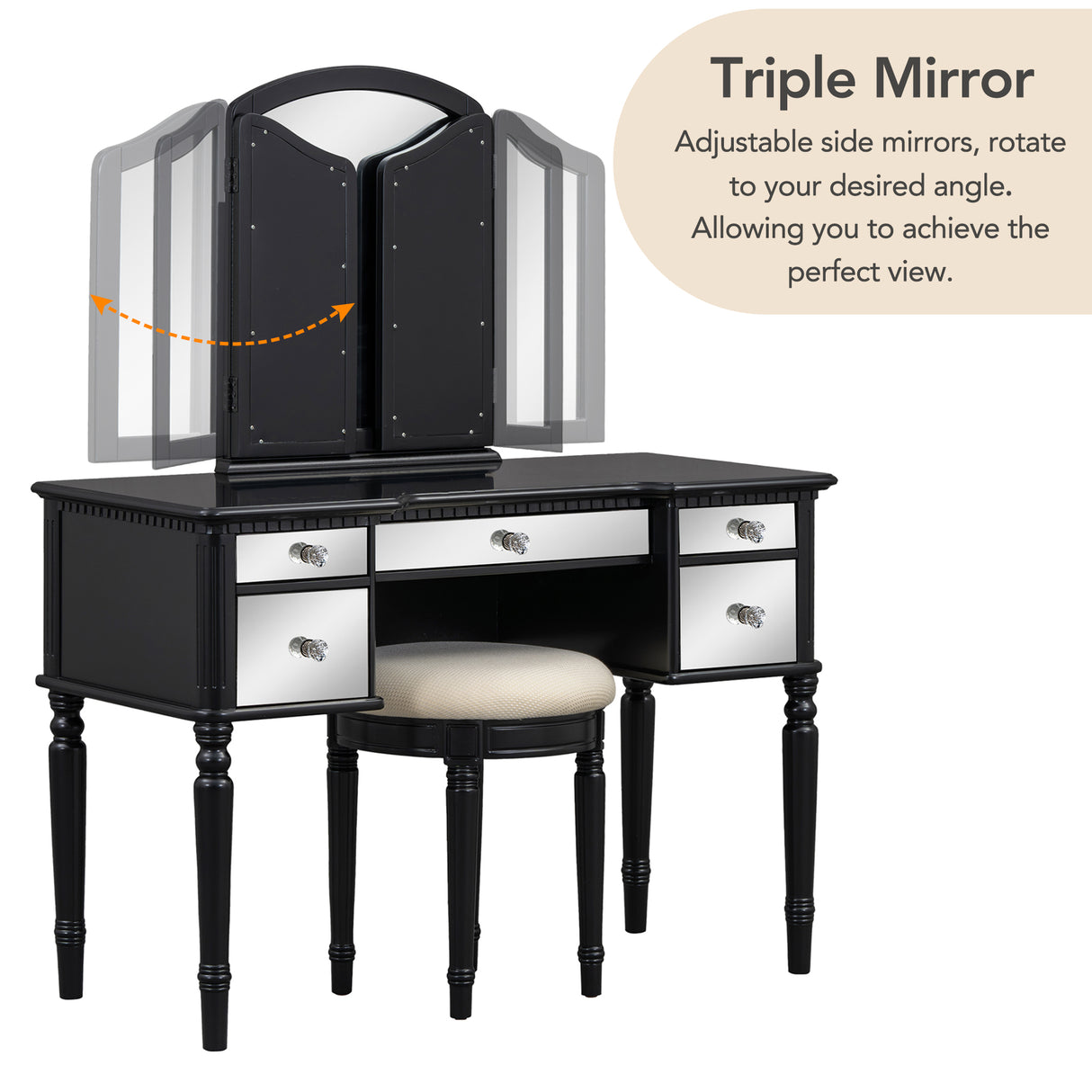 GO 43" Dressing Table Set with Mirrored Drawers and Stool, Tri-fold Mirror, Makeup Vanity Set for Bedroom, Black - V.I.P Digital Presence