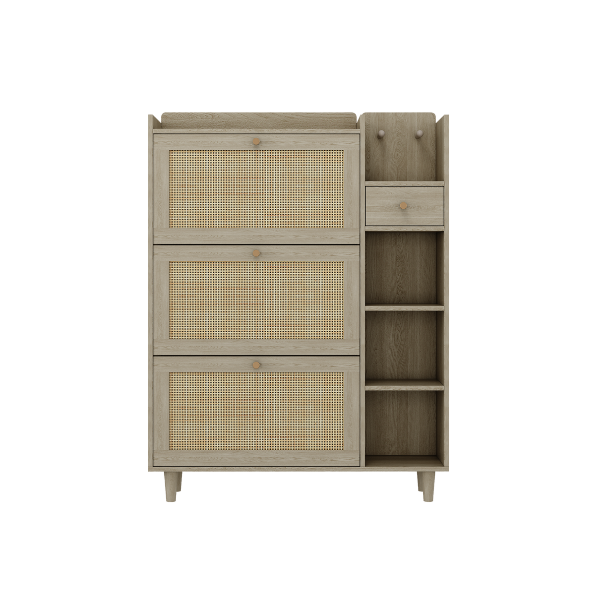 Natural Bohemian style shoe cabinet with 3 rattan flip drawers, 3 square shelves, and 1 storage drawer,  Natural - V.I.P Digital Presence