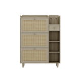 Natural Bohemian style shoe cabinet with 3 rattan flip drawers, 3 square shelves, and 1 storage drawer,  Natural - V.I.P Digital Presence