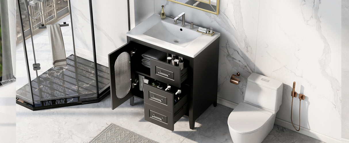 30" Bathroom Vanity with Sink, Bathroom Vanity Cabinet with Two Drawers and Door, Adjustable Shelf, Solid Wood and MDF, Black - V.I.P Digital Presence