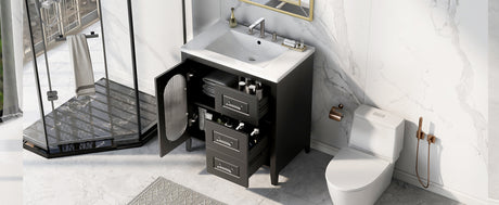 30" Bathroom Vanity with Sink, Bathroom Vanity Cabinet with Two Drawers and Door, Adjustable Shelf, Solid Wood and MDF, Black - V.I.P Digital Presence