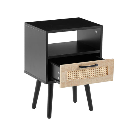 15.75" Rattan End table with drawer and solid wood legs Modern nightstand side table for living room black - V.I.P Digital Presence