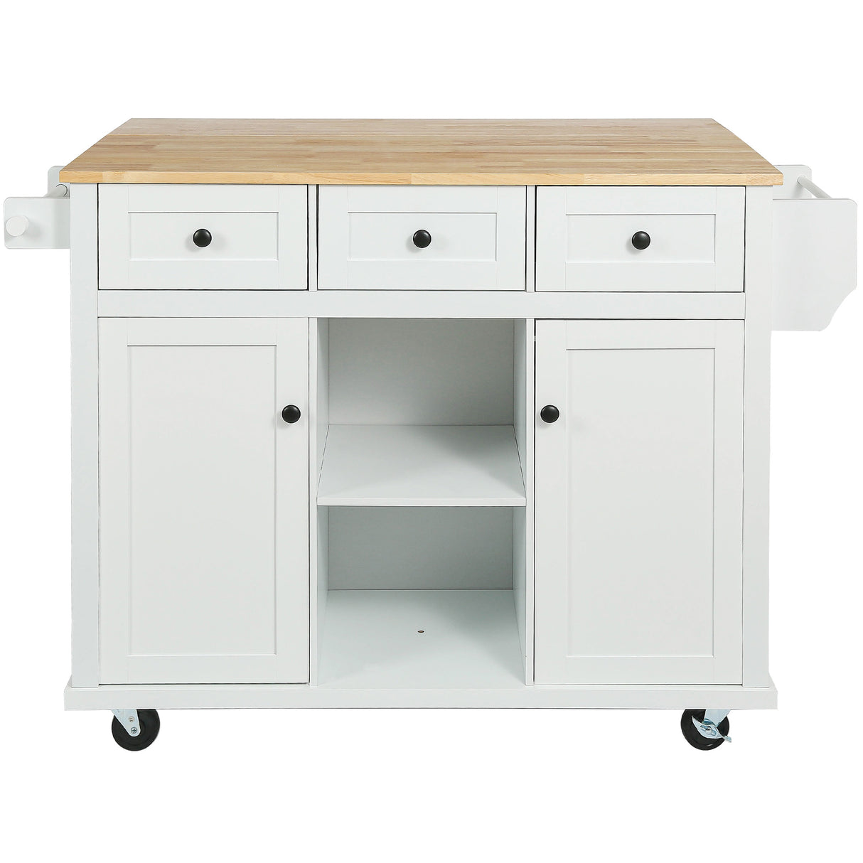 Kitchen trolley with rubber wood leaf countertop, 5-wheel kitchen island, storage cabinet and 3 dining drawers, white - V.I.P Digital Presence