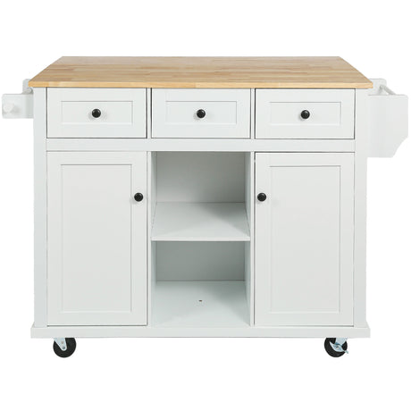 Kitchen trolley with rubber wood leaf countertop, 5-wheel kitchen island, storage cabinet and 3 dining drawers, white - V.I.P Digital Presence