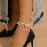 White anklets double-layer ankle bracelet with high-end and personalized bead, turquoise imitation pearl ankle chain - V.I.P Digital Presence