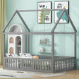 Full Size Wood House Bed with Fence and Door, Gray - V.I.P Digital Presence