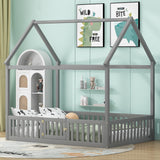 Full Size Wood House Bed with Fence and Door, Gray - V.I.P Digital Presence
