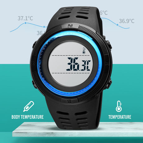 SKMEI 1681 Body Temperature Men's Watch Electronic 5Bar Waterproof Long Battery Life Alarm Clock LED Healthy Male Sport Watch - V.I.P Digital Presence