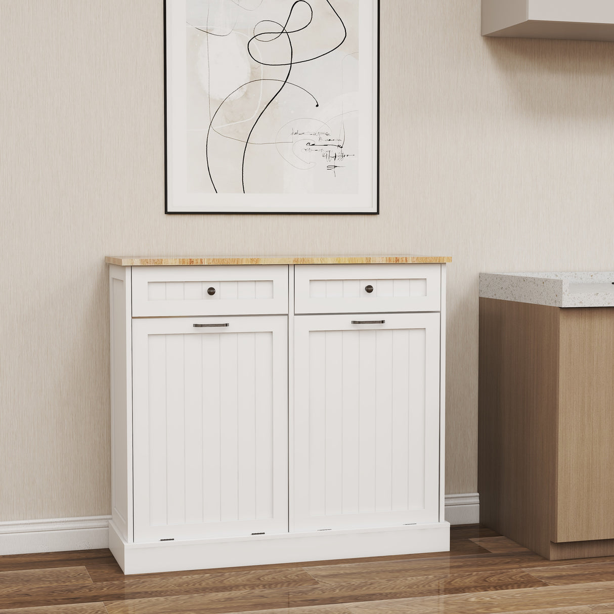 Two Drawers and Two-Compartment Tilt-Out Trash Cabinet Kitchen Trash Cabinet-White - V.I.P Digital Presence