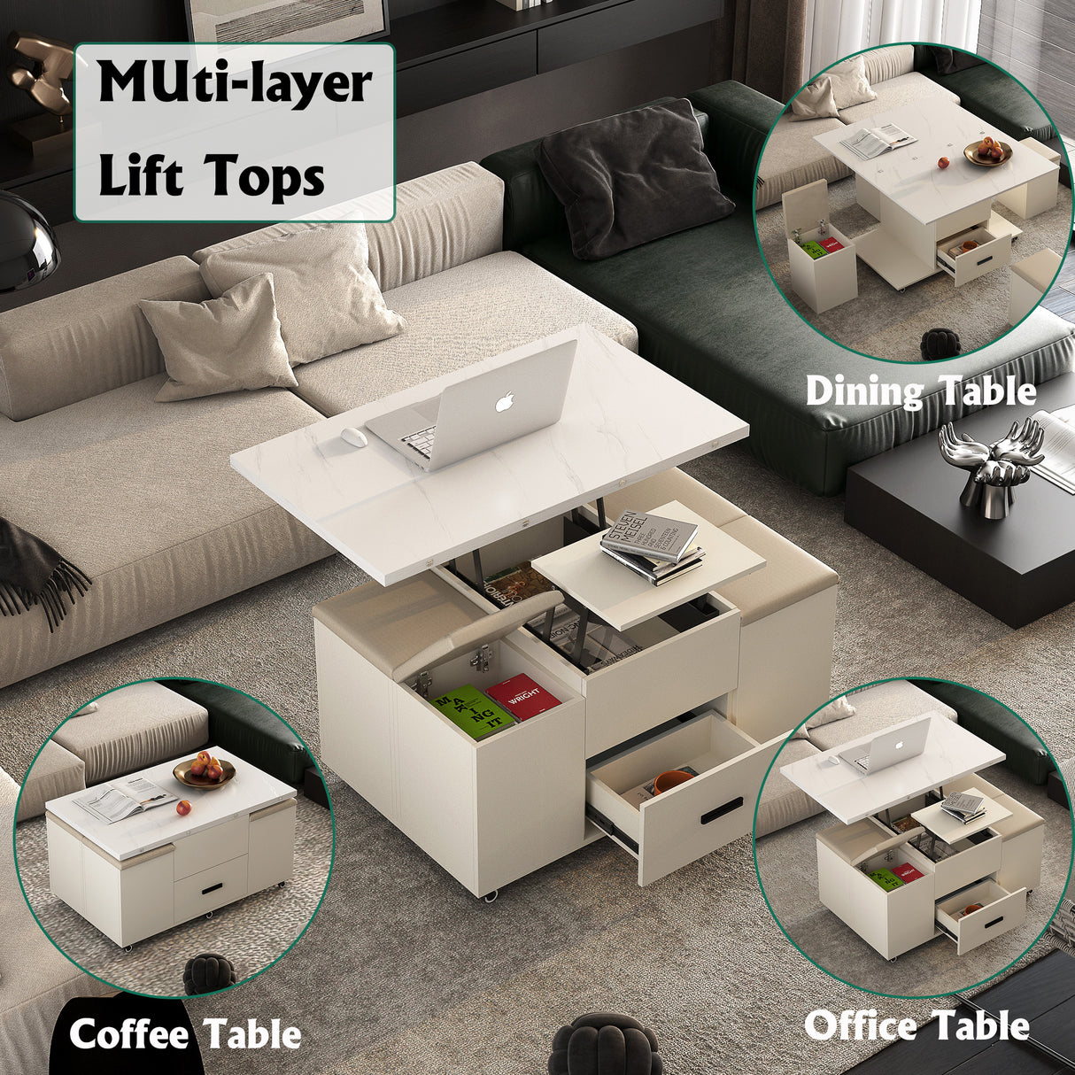 Modern lift coffee table, living room with 4 chairs, expandable 1 hidden storage space+2 drawers, folding dining table - V.I.P Digital Presence