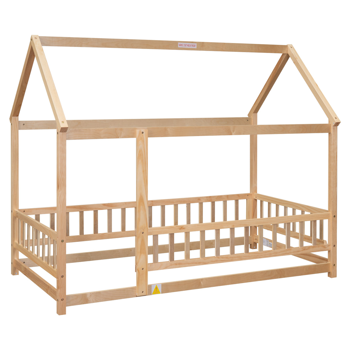 Twin Size Floor Wooden Bed with House Roof Frame, Fence Guardrails - V.I.P Digital Presence