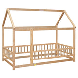 Twin Size Floor Wooden Bed with House Roof Frame, Fence Guardrails - V.I.P Digital Presence